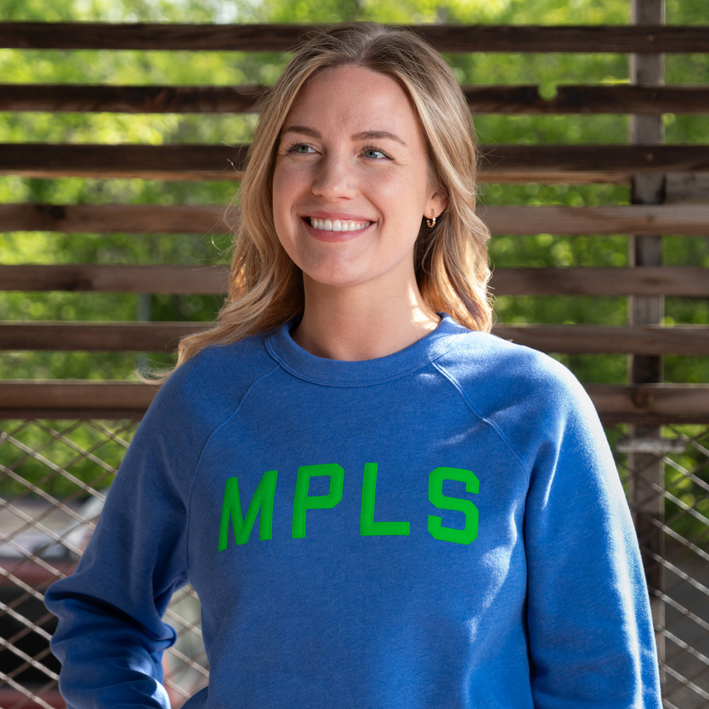 MPLS Sweatshirt - Heather Royal Blue w/ Green Letters - Northmade Co